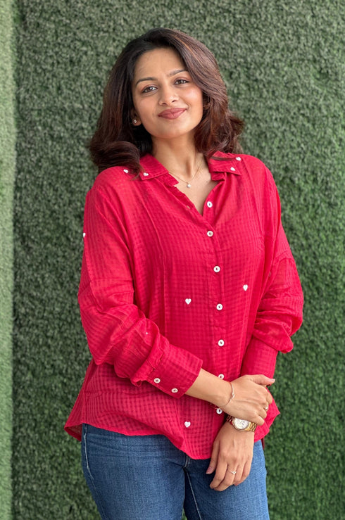 Nayeli Heart Embroidery Shirt (Red & Black)